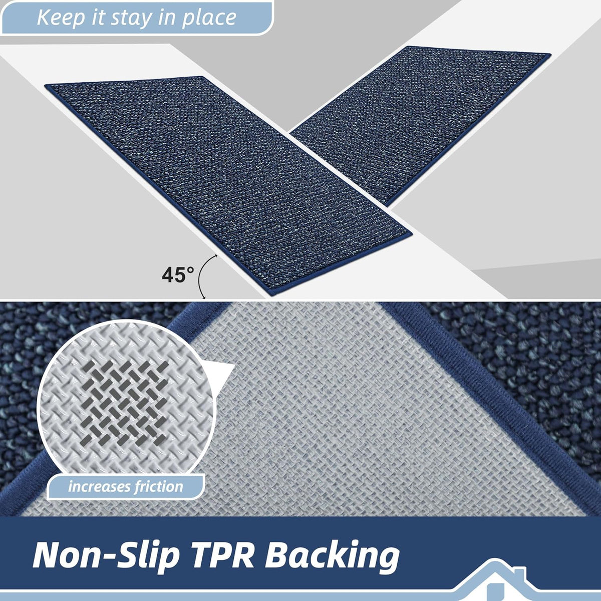 BEQHAUSE Dirt Trapper Door Mat 20" x 48", Non-Slip Washable Doormats Entrance Mat, Dirt Resistant and Absorbent Welcome Mat, Low Profile Floor Mats for Front Back Door and Entryway, Blue