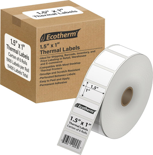 1.5" x 1" Thermal Labels | 6 Rolls | 11400 Labels | fits Zebra, Godex, Arkscan, iDPRT, Offnova Thermal Label Printers and More | Blank White Adhesive Stickers by Ecotherm