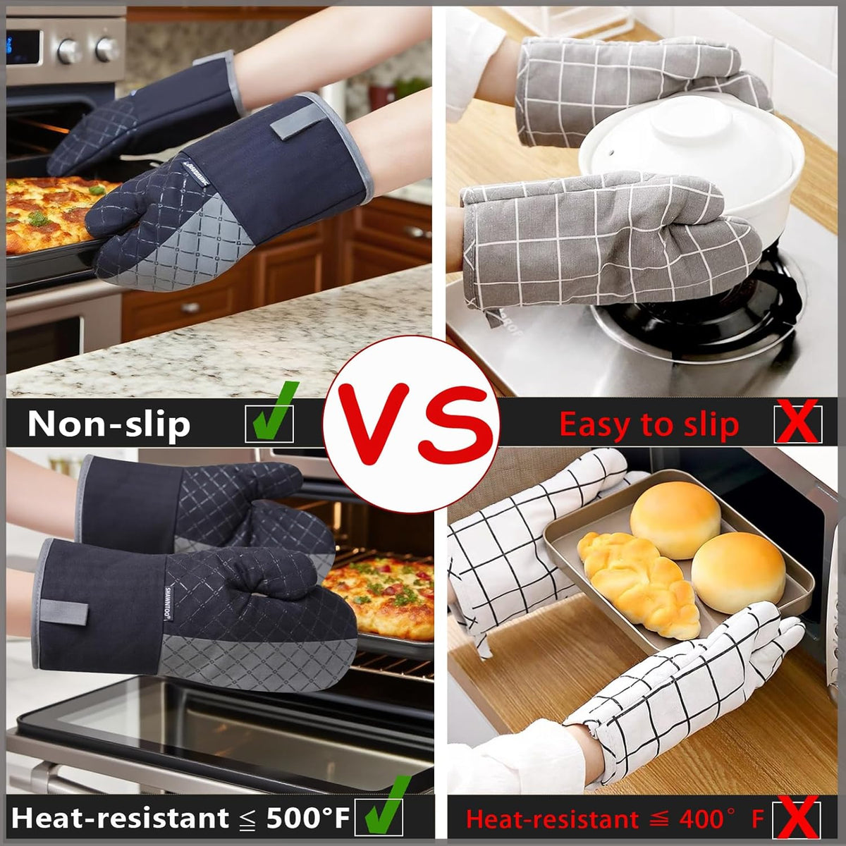 Oven Mitts and Pot Holders Sets 6pcs, Kitchen Oven Glove,High Heat Resistant 550 Degree Extra Long Oven Mitts and Potholders with Non-Slip Silicone Surface for Home Essentials (Grey) (Matte Black)