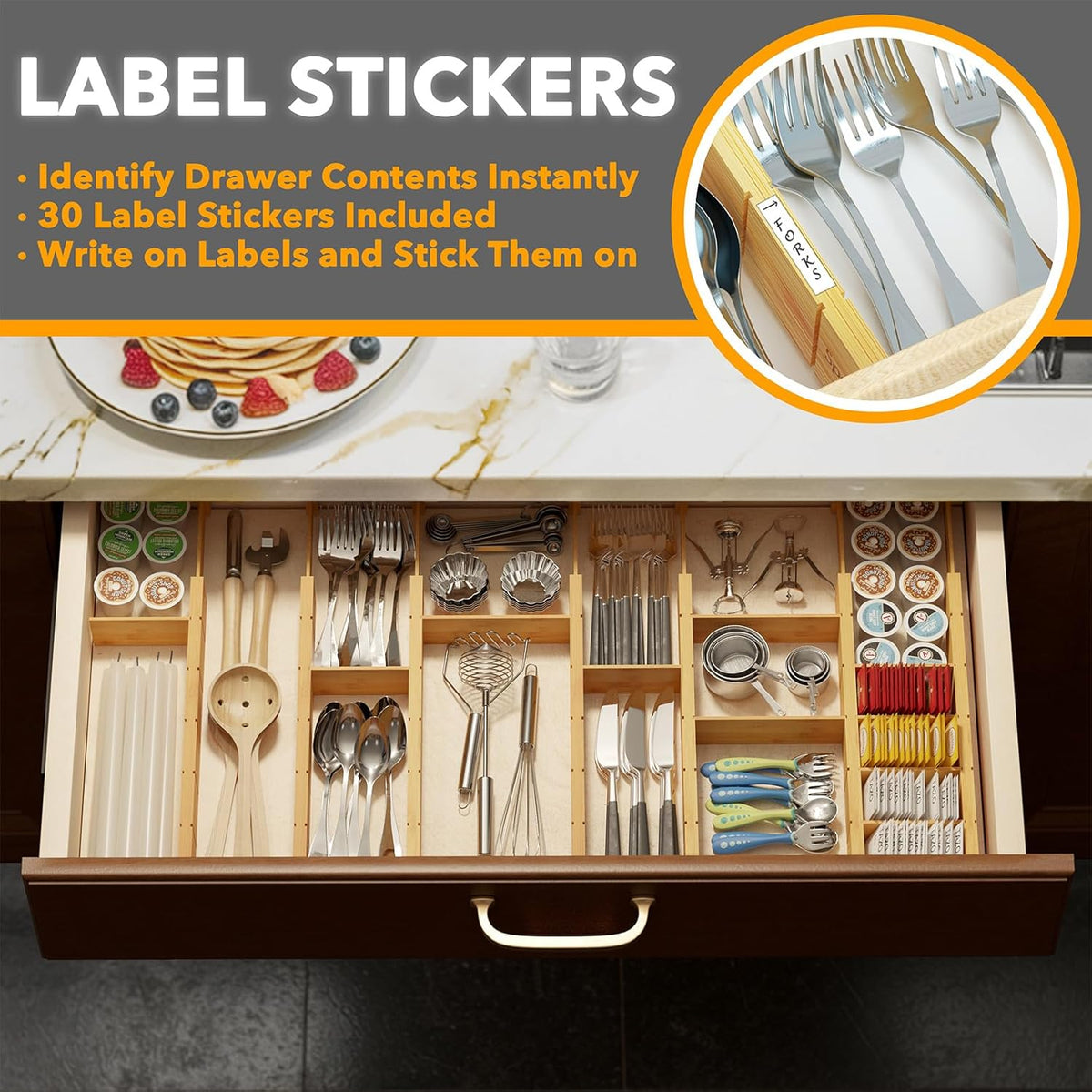 SpaceAid Bamboo Drawer Dividers with Inserts and Labels, Kitchen Adjustable Drawer Organizers, Expandable Organization for Home, Office, Dressers, 7 Dividers with 15 Inserts (17"-22" Natural)