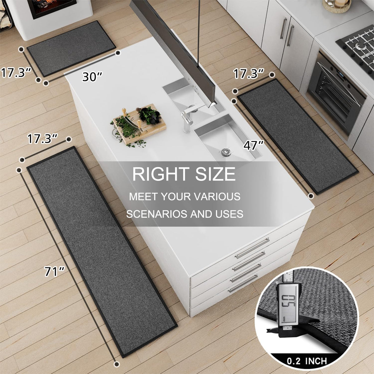 Kitchen Mat Set of 2 PCS, Cushioned Non Slip Rugs for Kitchen Floor, Absorbent Runner Comfort Standing Mats Washable for Kitchen, Office, Home, (Black, 17.3"x47"+17.3"x71")
