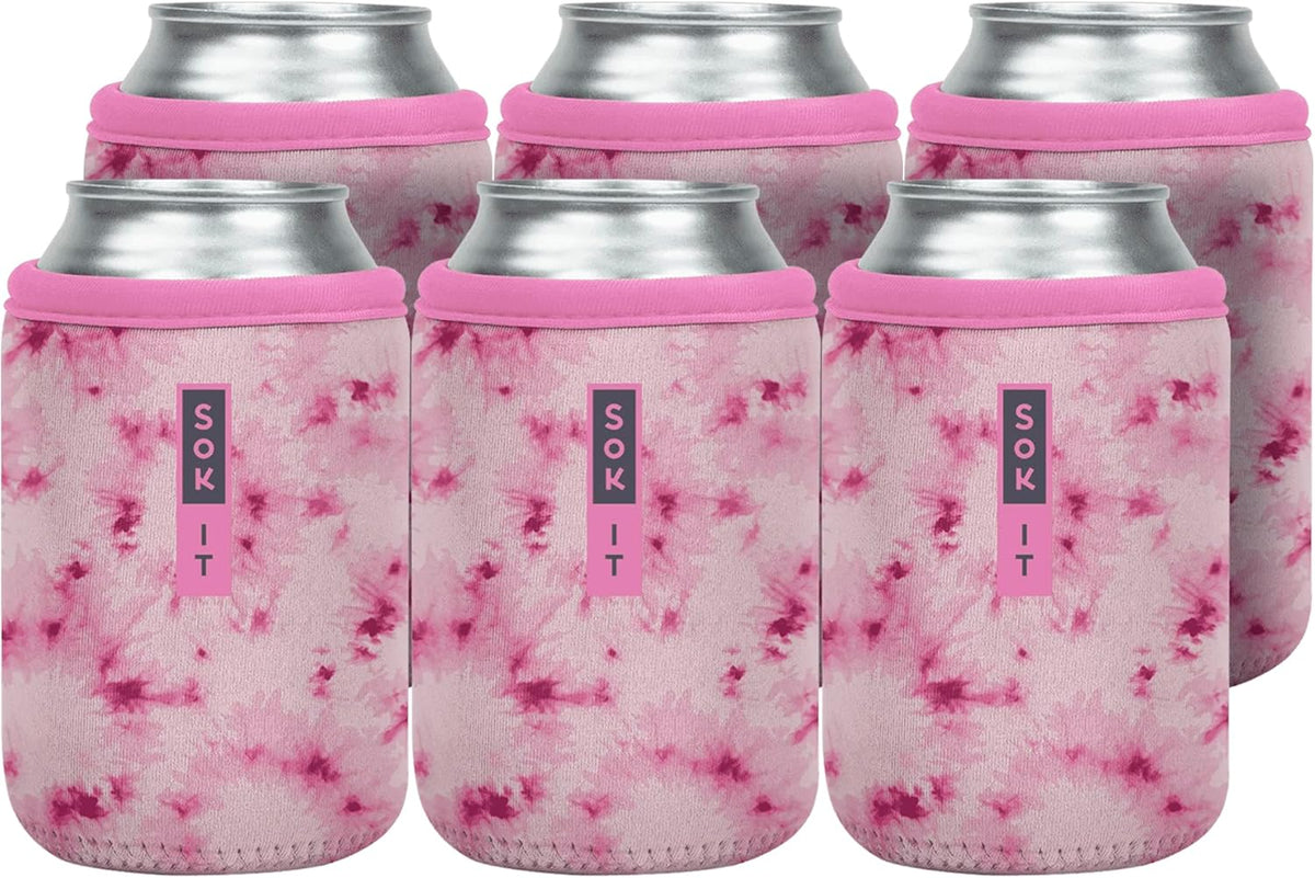 Sok It CanSok 6 Pack Sleeve for Beer & Soda Insulated Neoprene Cover (Pink Splash Tie Dye, 12oz Can Sleeve - 6 Pack)