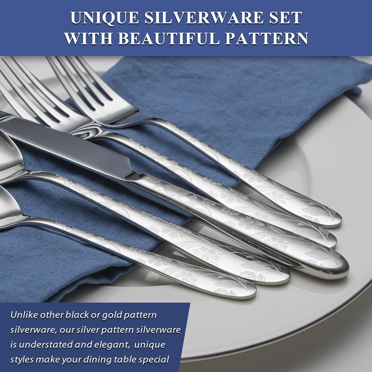 40 Piece Silverware Set Service for 8, EIUBUIE Premium Stainless Steel Cutlery Set, Mirror Polished Flatware Sets with Pattern Handle, Modern Kitchen Eating Utensils Sets Include Spoons Forks Knives