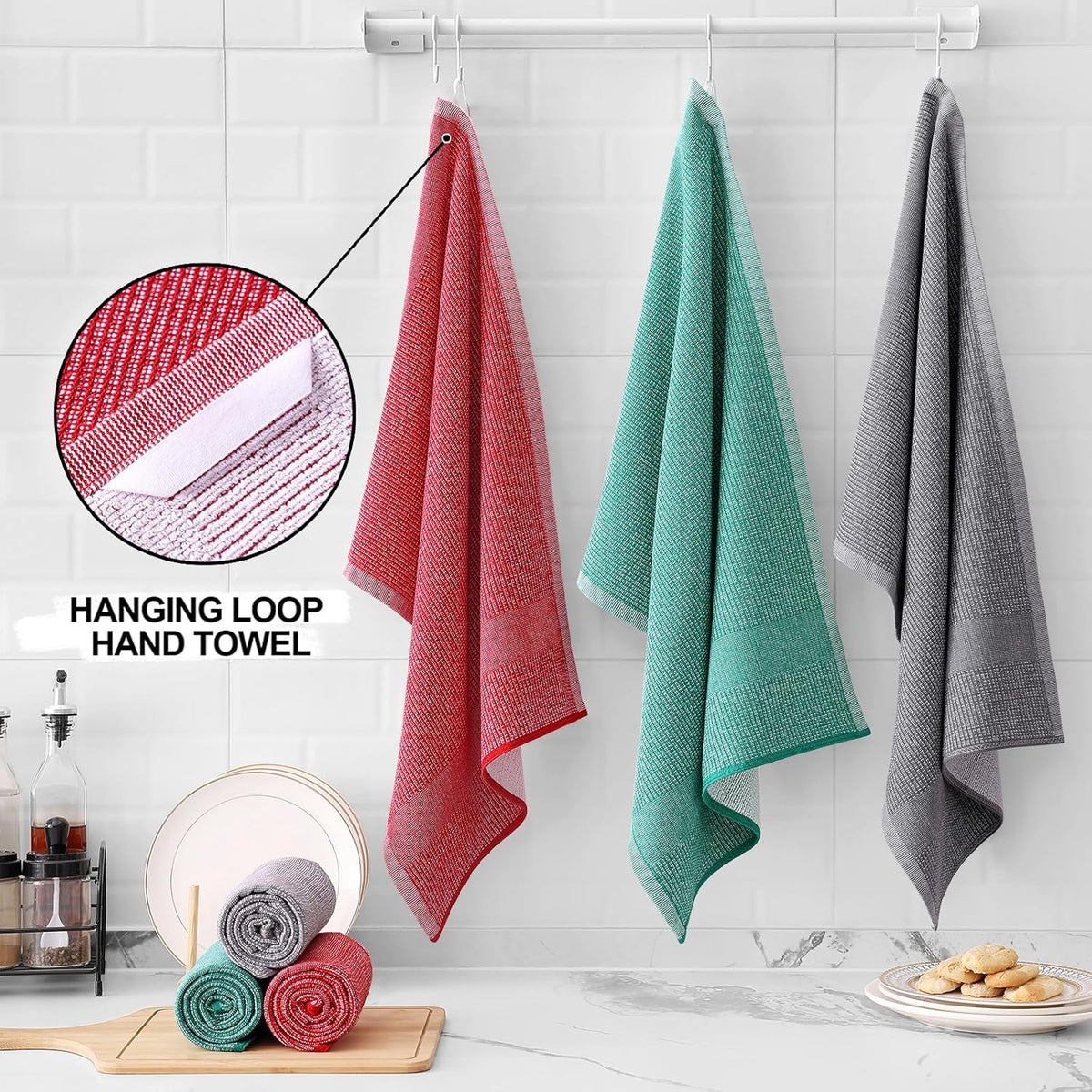 Homaxy Premium Kitchen Towels(18”x 28”, 6 Pack), Large Cotton Kitchen Hand Towels, Flat and Terry Dish Towels, 380 GSM Highly Absorbent Tea Towel Set with Hanging Loop, Grey/Red/Green