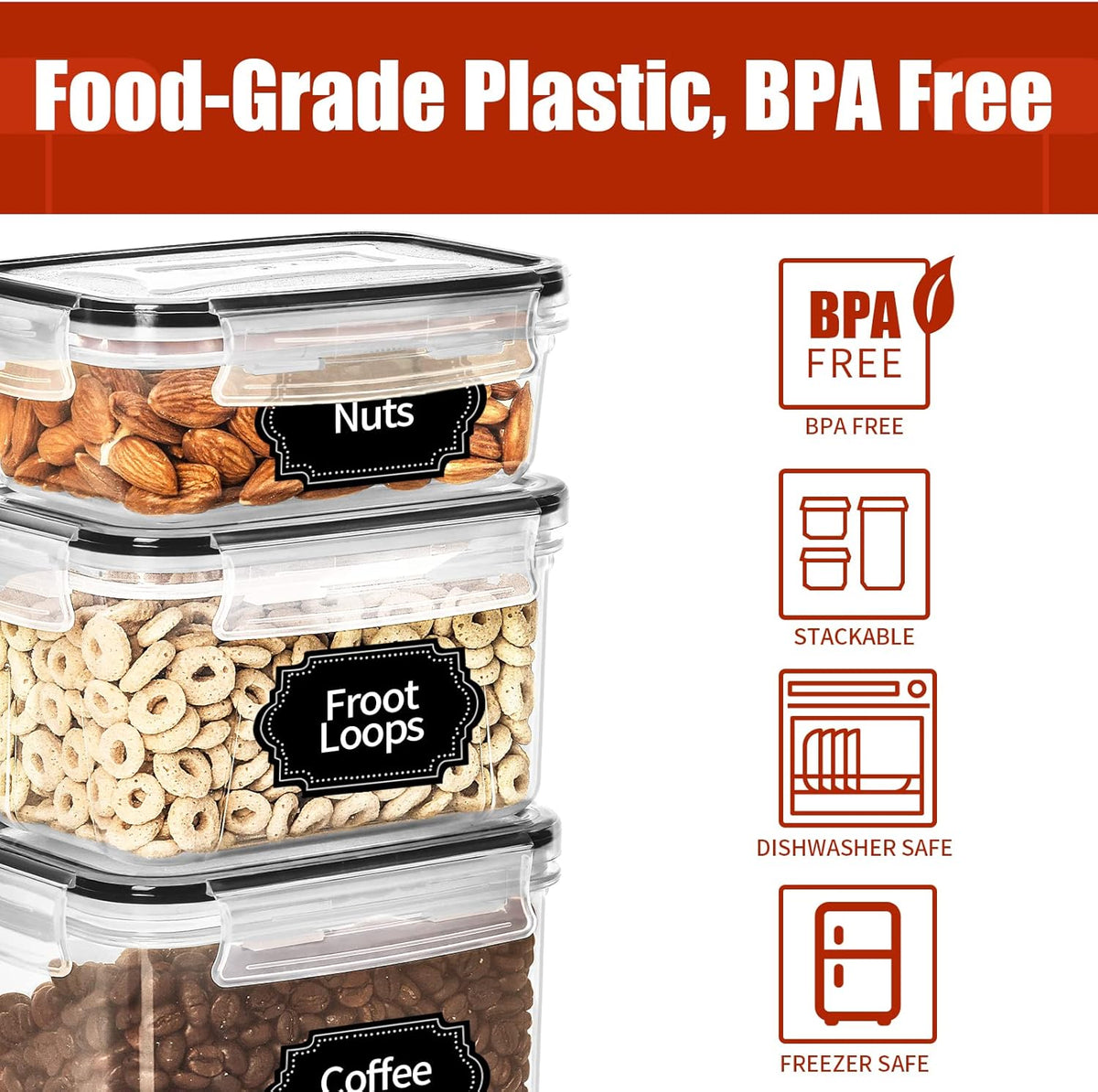 PRAKI 30 Pack Airtight Food Storage Containers for Kitchen Pantry Organizers and Storage, Plastic Kitchen Storage Canisters with Lids,Cereal, Flour & Sugar Containers - Labels, 6 Spoon & Marker