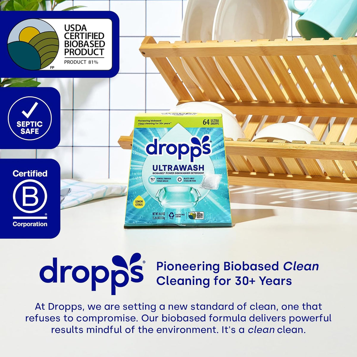 Dropps UltraWash Dishwasher Pods, Fresh Rain (64 Count) - Biobased Power Deep Clean Dishwasher Detergent Tablets for Sparkling Shiny Dishes - No Rinse Aid or Pre-Wash Needed - Dishwashing Pods