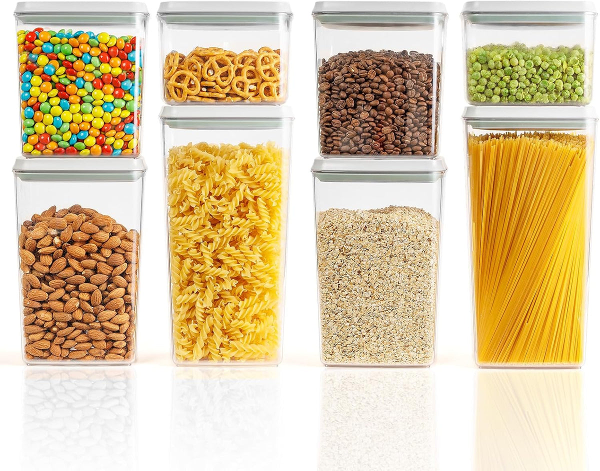 JIMALL Pop Containers for Food Storage, Stackable Food Containers with Lids Airtight, Leak-proof Containers for Cereal Flour & Sugar, 8 Piece Set-3.5Qt,2.9Qt,2.1Qt,1.3Qt