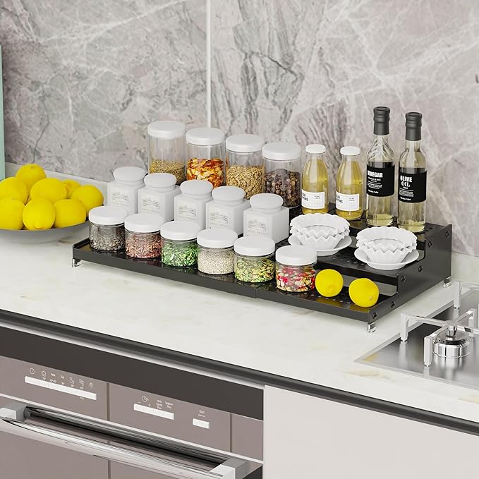 Expandable Spice Rack organizer with 3-Tier step shelf,Modern Design heavy duty,Non Skid and Visibility ,Great for Kitchen Cabinet,Bathroom,dressing table,Cupboard, Pantry and more(3PACKS/BLACK)