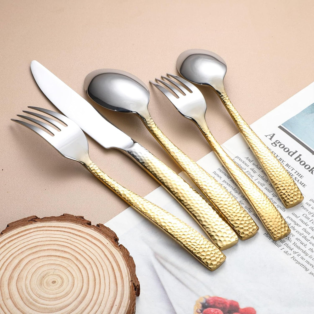 Hammered Silverware Set For 4,Forks and Spoons 18/10 Stainless Steel Heavy Duty Silverware Gold Cutlery Set 20 Piece Flatware Set,Mirror Polished,Dishwasher Safe (20 pcs gold)