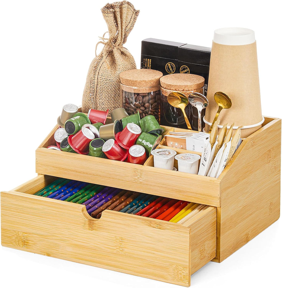 Coffee Bar Organizer Countertop with Drawer, Cafe Station Storage for Bar Accessories,Bamboo Espresso Bar Decor Holder for Bar Decor,Bamboo