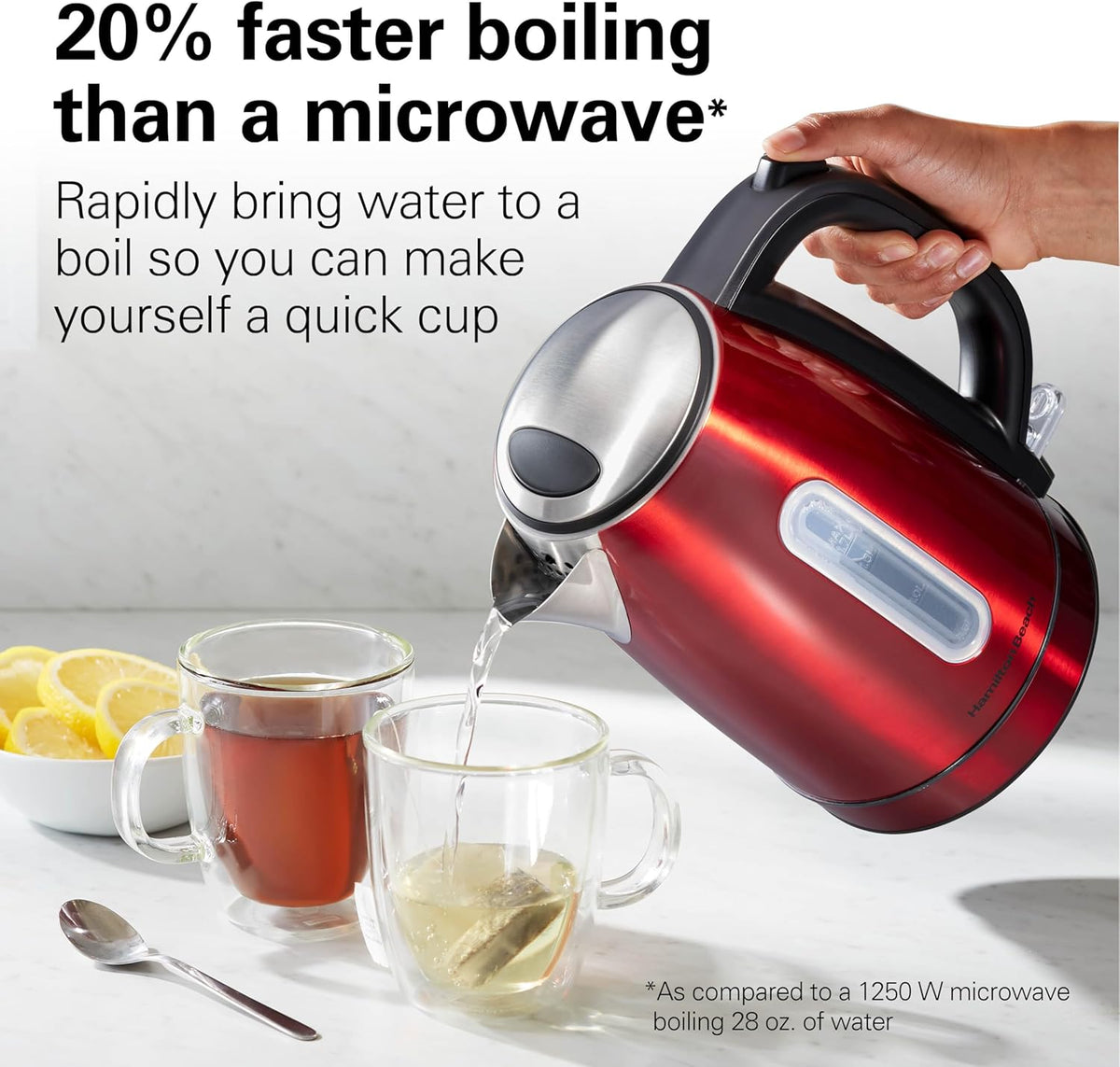 Hamilton Beach Electric Tea Kettle, Water Boiler & Heater, 1.7 Liter, Cordless Serving, 1500 Watts for Fast Boiling, Auto-Shutoff and Boil-Dry Protection, Red with LED Light Ring (41060)