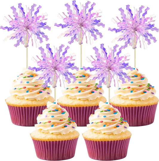 Gyufise 30Pcs Foil Firework Cupcake Toppers Happy Birthday Cake Toppers Tinsel Flower Drink Stirrers Cocktail Food Fruit Toothpicks for Valentine's Day Party Birthday Wedding Supplies Purple