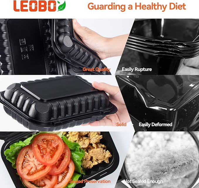 To Go Containers, BPA-Free Plastic Take Out Boxes with Lids 50-Pack 27oz Black MFPP Reusable Meal Prep Container for Food Storage, Hinged Clamshell Design for To-Go Lunch Salad Breakfast