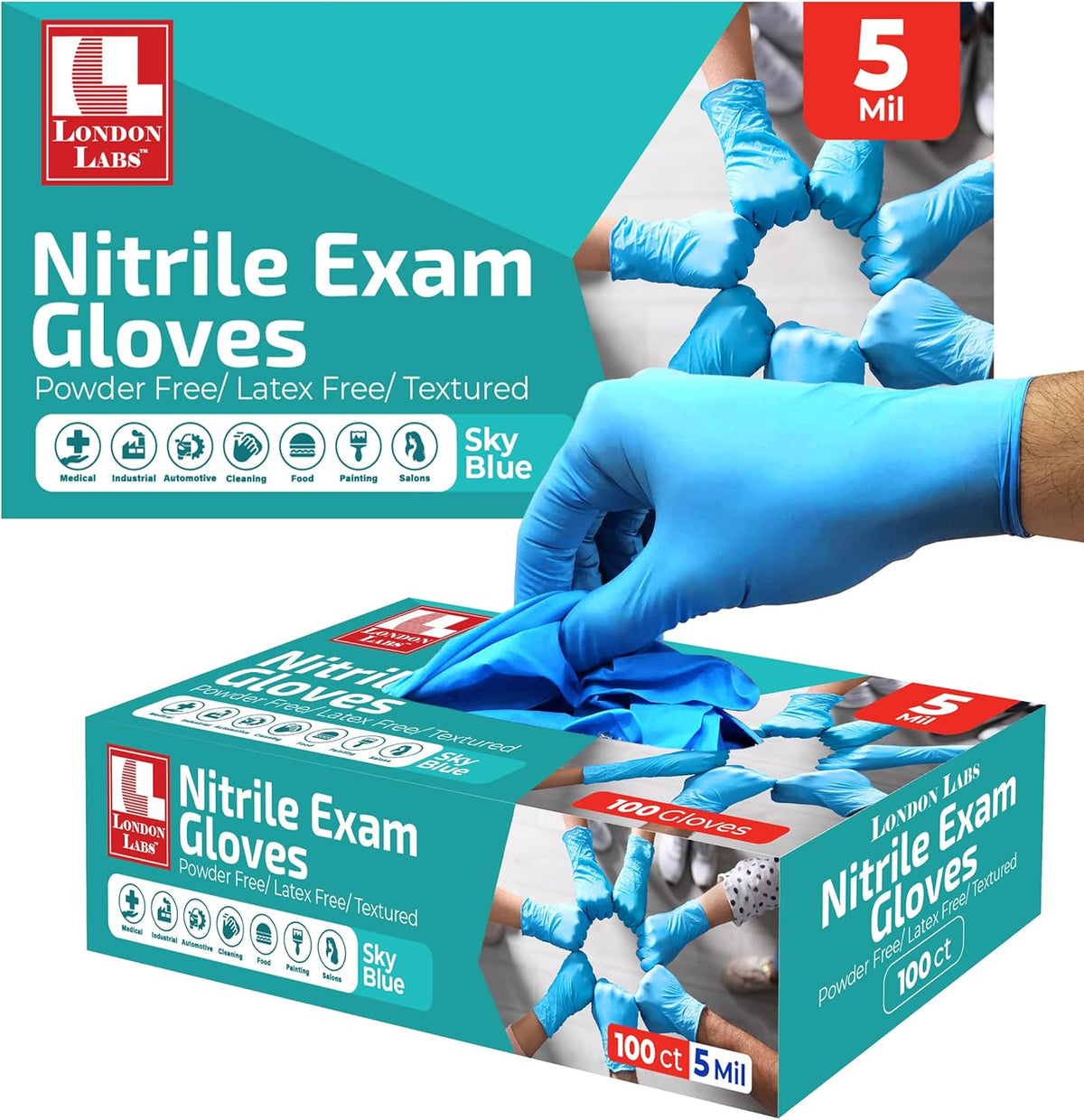 Sky Blue 5 Mil Nitrile Exam Gloves Disposable Latex Free | Medical Rubber Gloves for Doctors, EMT, First Aid Kit, Food Service & Cleaning | Pack of (200 CT)