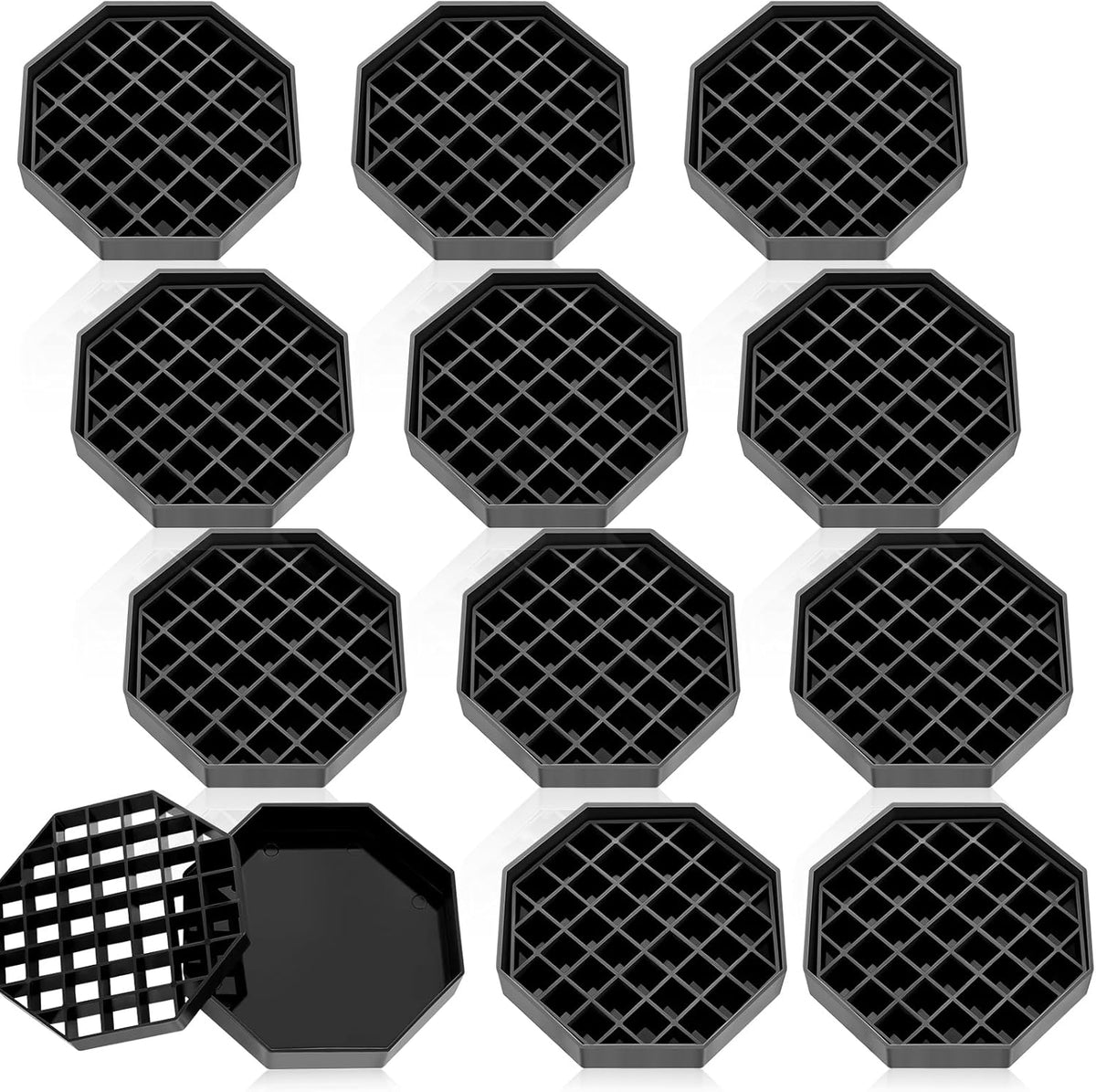 Suclain 12 Pcs 4 Inch Coffee Drip Tray Black Plastic Octagon Coffee Countertop Drip Coaster with Honeycomb Grid for Drink Tea Wine Beverage Dispenser
