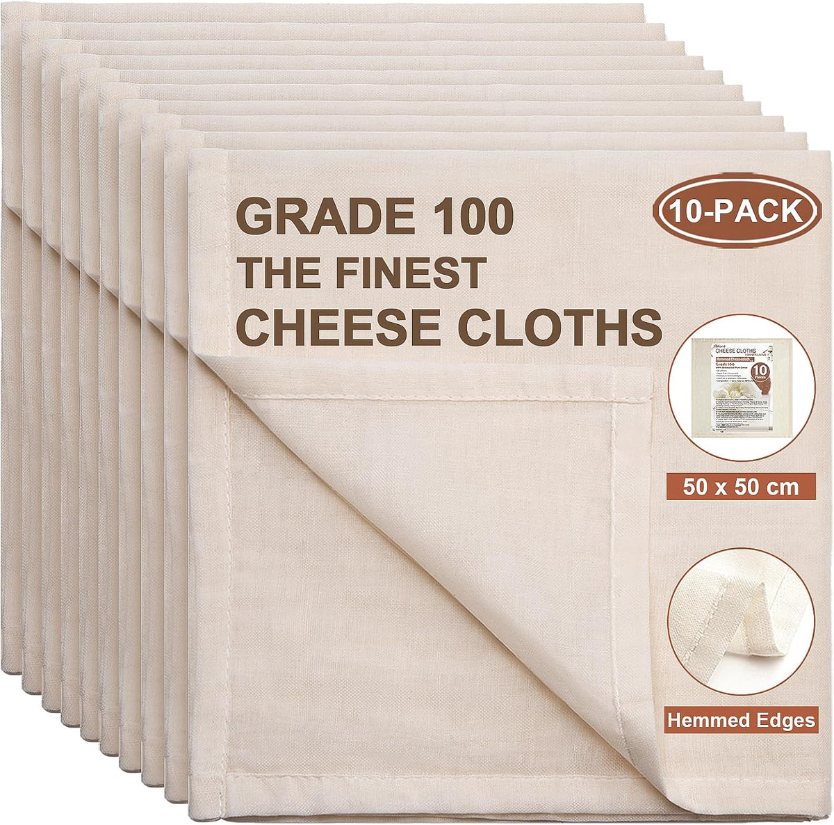 eFond Cheese Cloths | 10-Pack, 20x20Inch Squares with Hemmed Edges | Grade 100 Ultra Fine Reusable Cheesecloth for Straining | Unbleached Cotton Muslin Cloths | for Nut Milk, Butter, Baking & Cooking