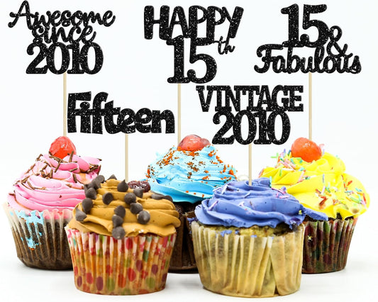 Gyufise 30Pcs Vintage 2010 Cupcake Toppers Glitter Sweet 15 Happy 15th Cupcake Picks Happy 15th Birthday Cake Decorations for Happy 15th Birthday Fabulous Anniversary Party Supplies Black