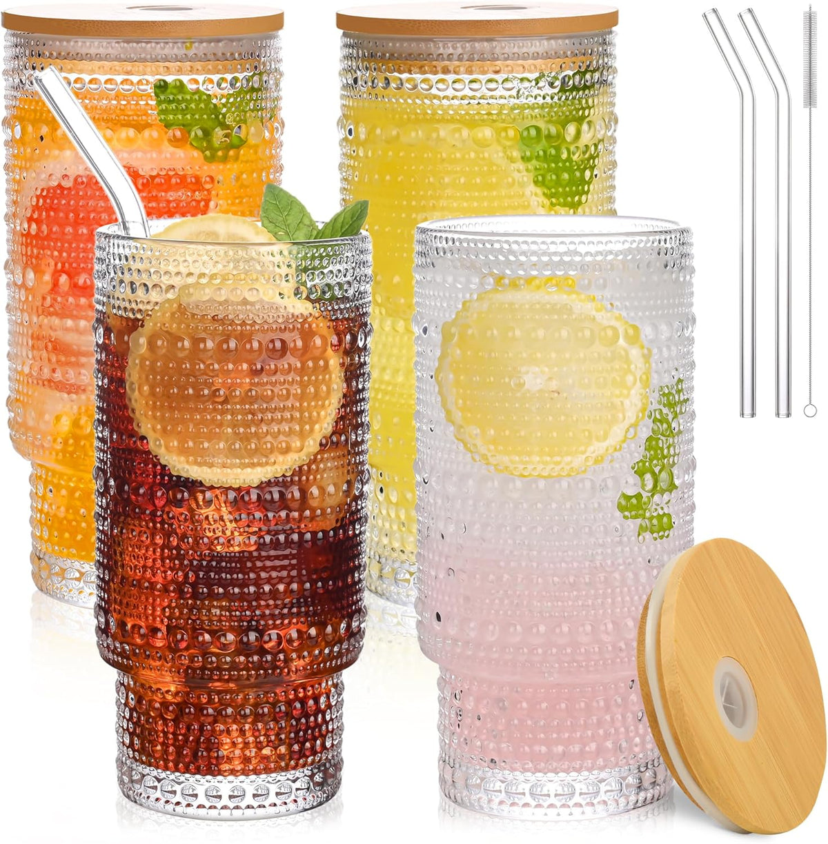 16OZ Glass Tumbler with Straw and Lid,Glass Cups with Lids and Straws,Ribbed Iced Coffee Cups Vintage Embossed Glassware for Juice Whiskey Cocktail Beer(4Pack)