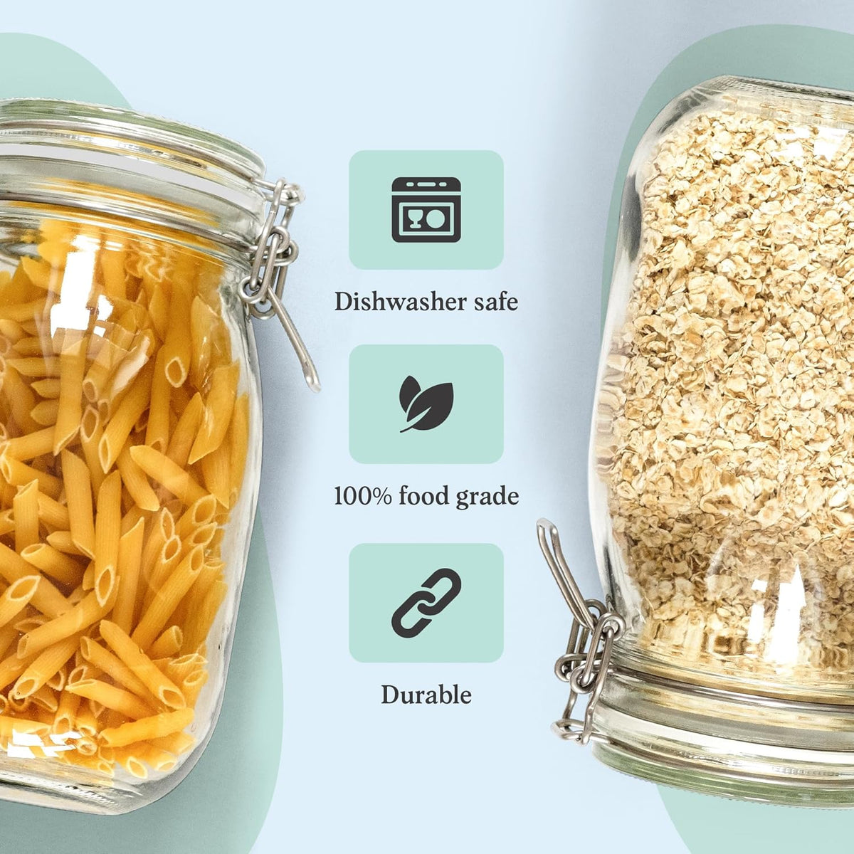 Set of 3 Glass Mason Jar with Airtight Lid 50 Ounces | Glass Storage Container for Food, Flour, Pasta, Coffee, Candy, Dog Treats, Snacks