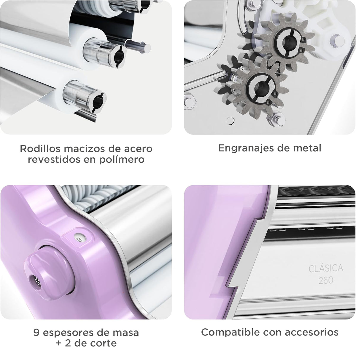 PASTALINDA Classic 260 Pasta Maker Machine, 26 cm Wide Rollers, 9 Thickness Positions, 2 Cutting Positions, Stainless Steel. Includes Reinforced Hand Crank And Two Clamps (Lilac)