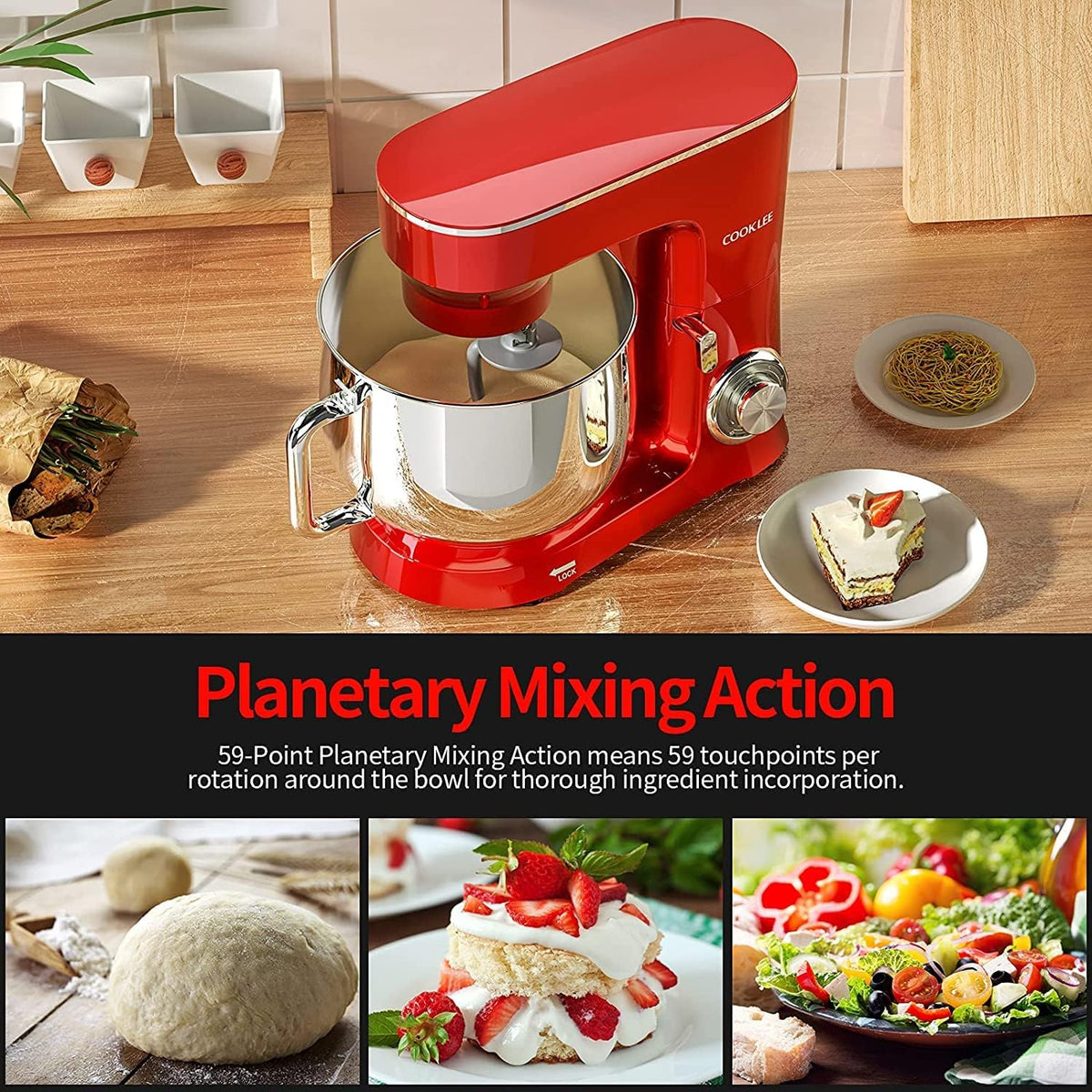COOKLEE Stand Mixer, 9.5 Qt. 660W 10-Speed Electric Kitchen Mixer with Dishwasher-Safe Dough Hooks, Flat Beaters, Wire Whip & Pouring Shield Attachments for Most Home Cooks, Ruby Red