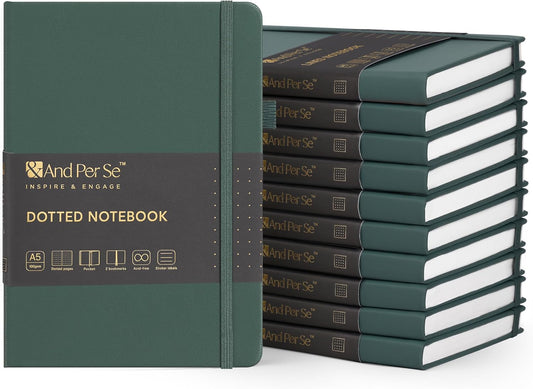 &And Per Se Dotted Journal Notebook (10 packs), A5 Hardcover Leather Bullet Dotted Journal, 160 Pages 100GSM Thick Paper, 3 Sheets of Stickers Included - 5.7'' x 8'' (Green)