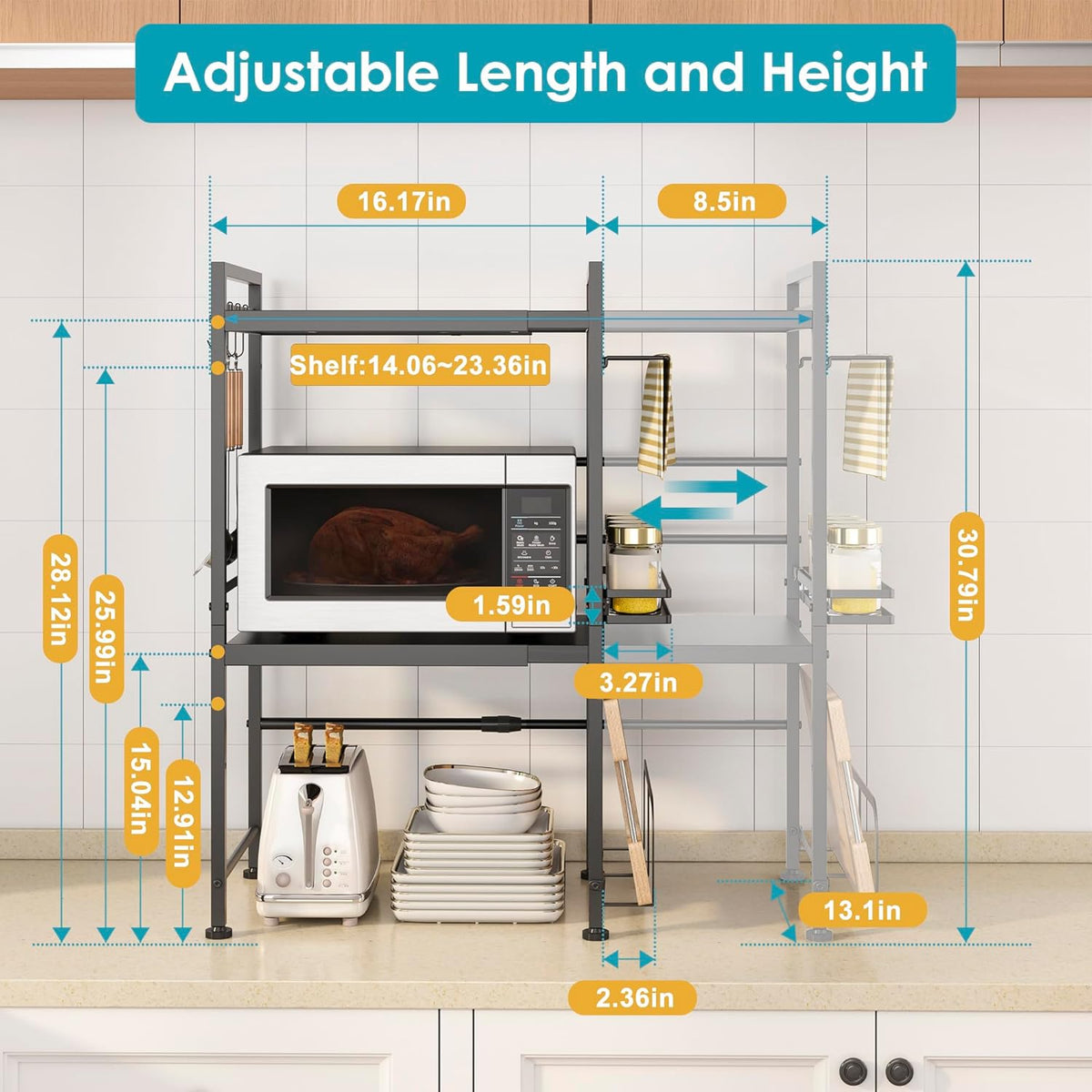 DOLALIKE Microwave Oven Rack, Expandable Microwave Stand Countertop Kitchen Utensils Tableware Storage, Carbon Steel Over Microwave Shelf Countertop with 6 Hooks