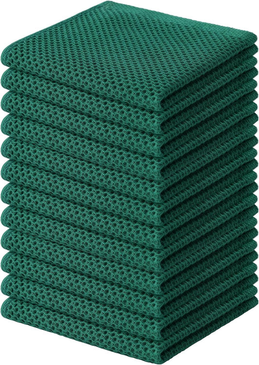 Kitinjoy 100% Cotton Kitchen Dish Cloths, 12 Pack Waffle Weave Ultra Soft Absorbent Dish Towels for Drying Dishes Quick Drying Kitchen Towels Dish Rags, 12 X 12Inch, Dark Green