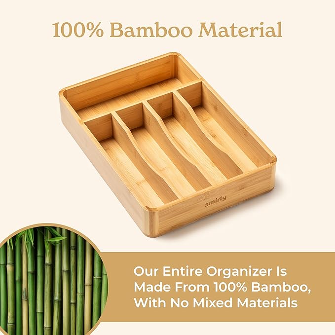 SMIRLY Silverware Drawer Organizer – Bamboo Kitchen Drawer Organizer, Adjustable Utensil Holder and Cutlery Tray, Drawer Dividers for Flatware and Kitchen Utensils