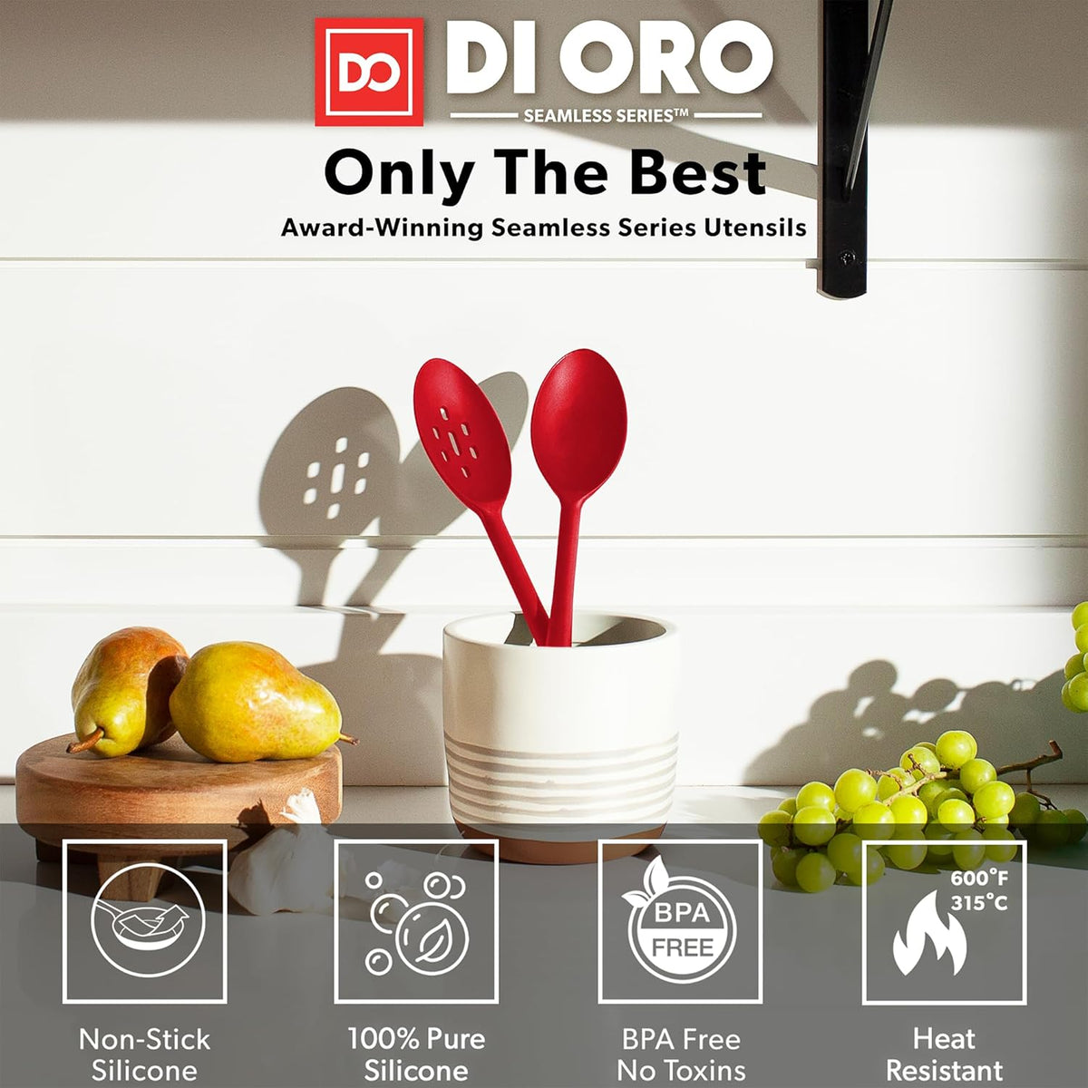 DIORO Silicone Mixing & Serving Spoons - Large Heat-Resistant Non Stick Utensils Big Solid & Slotted Basting & Stirring Spoons - Dishwasher Safe (2pc, Red)