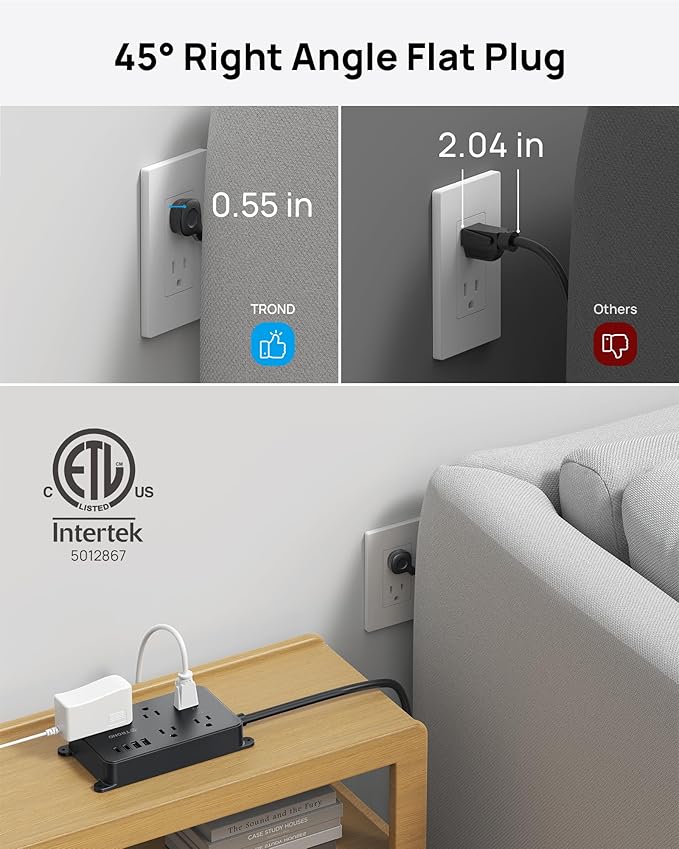 TROND Surge Protector Power Strip with USB, 10ft Extension Cord, ETL Listed, 5 Widely-Spaced Outlets with 4 USB Ports, 1300J, Low-Profile Flat Plug, Wall Mountable, 14AWG Heavy Duty, Black