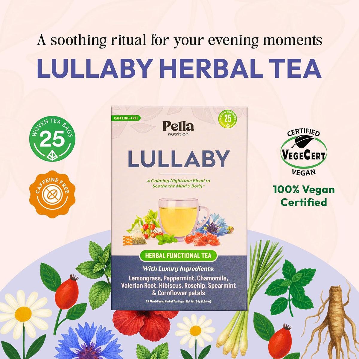 Chamomile Tea with Hibiscus, Peppermint, Spearmint, Rosehip, Valerian Root, Lemongrass, Cornflowers – Kosher, Vegan, No Caffeine – Calming Mint-Citrus Evening Herbal Drink for Relaxation (25 Tea Bags)