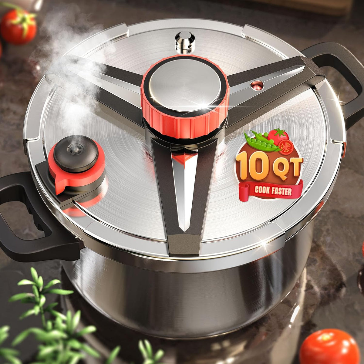 18/8 Stainless Steel Pressure Cooker 10 QT, [Save 70% Cooking Time] Olla De Presion with Food-Grade Body [One Hand Operation] Rotating Lock/Unlocking Lid System, Steam Rack Included