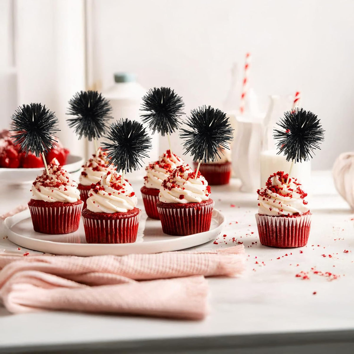 Ephlyn 30Pcs Foil Firework Cupcake Toppers Sparkle Tinsel Cupcake Picks Happy Birthday Cake Decorations Drink Stirrers Cocktail Food Fruit Toothpicks for Baby Shower Graduation Party Supplies Black