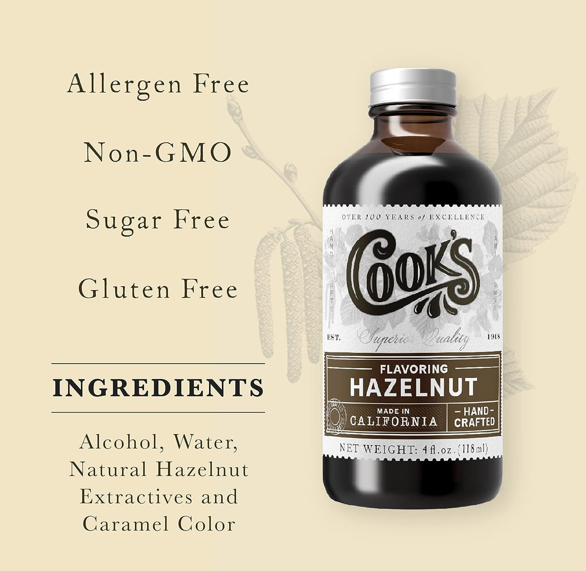 Cook's, Pure Hazelnut Flavor, Perfect for Baking and Cooking, Certified Kosher, Gluten Free, Allergen Free, Vegan, 4 oz