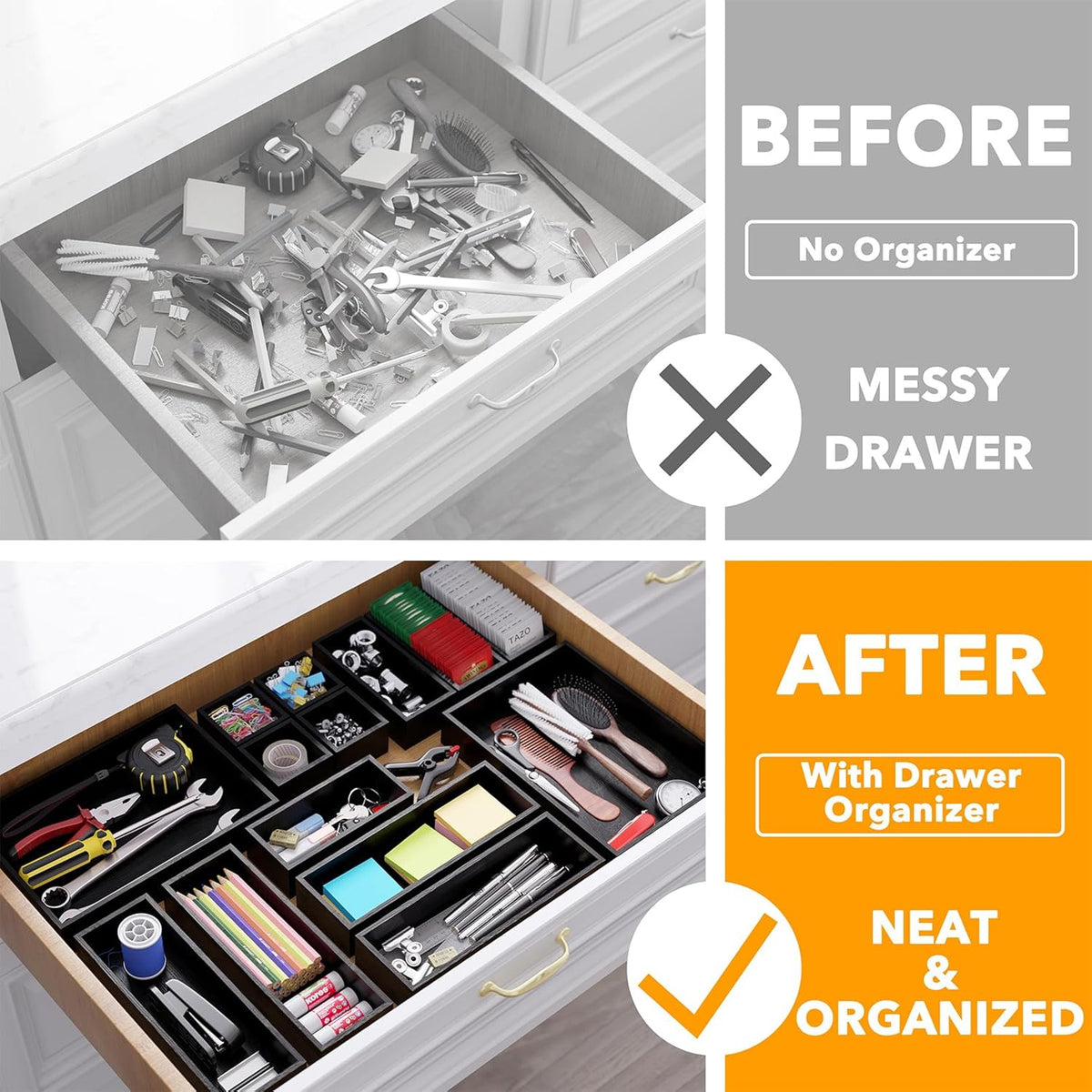 SpaceAid 14-Piece Bamboo Drawer Organizer Storage Boxes Set, Wood Tray Junk Drawer Organizers Multi-Use Divider Bins for Kitchen, Bathroom, Office Desk and Makeup Organization (14 Pack, Black)