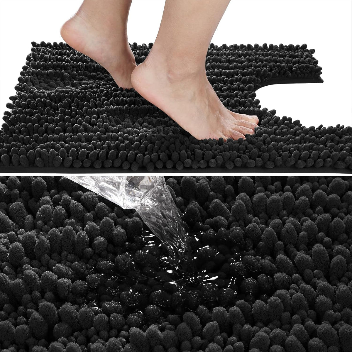 Yimobra Toilet Rug U Shaped Washable 24x20 Inch - Ultra Soft Absorbent Chenille Bath Rugs for Toilet, Quick Dry & Machine Washable, Non Slip Contour Bathroom Mat, Black