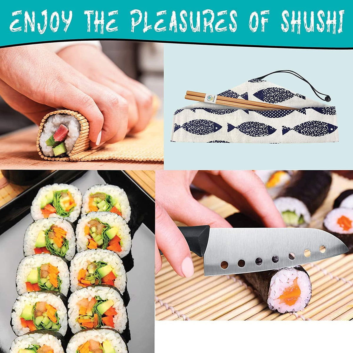 Sushi Making Kit, 22pcs Roller Maker for Beginners With Guide Book, Bazooka, Knife, Mat, Avocado Slicer, Chopsticks, Sauce Dishes & More - Sushi Lover's Gift