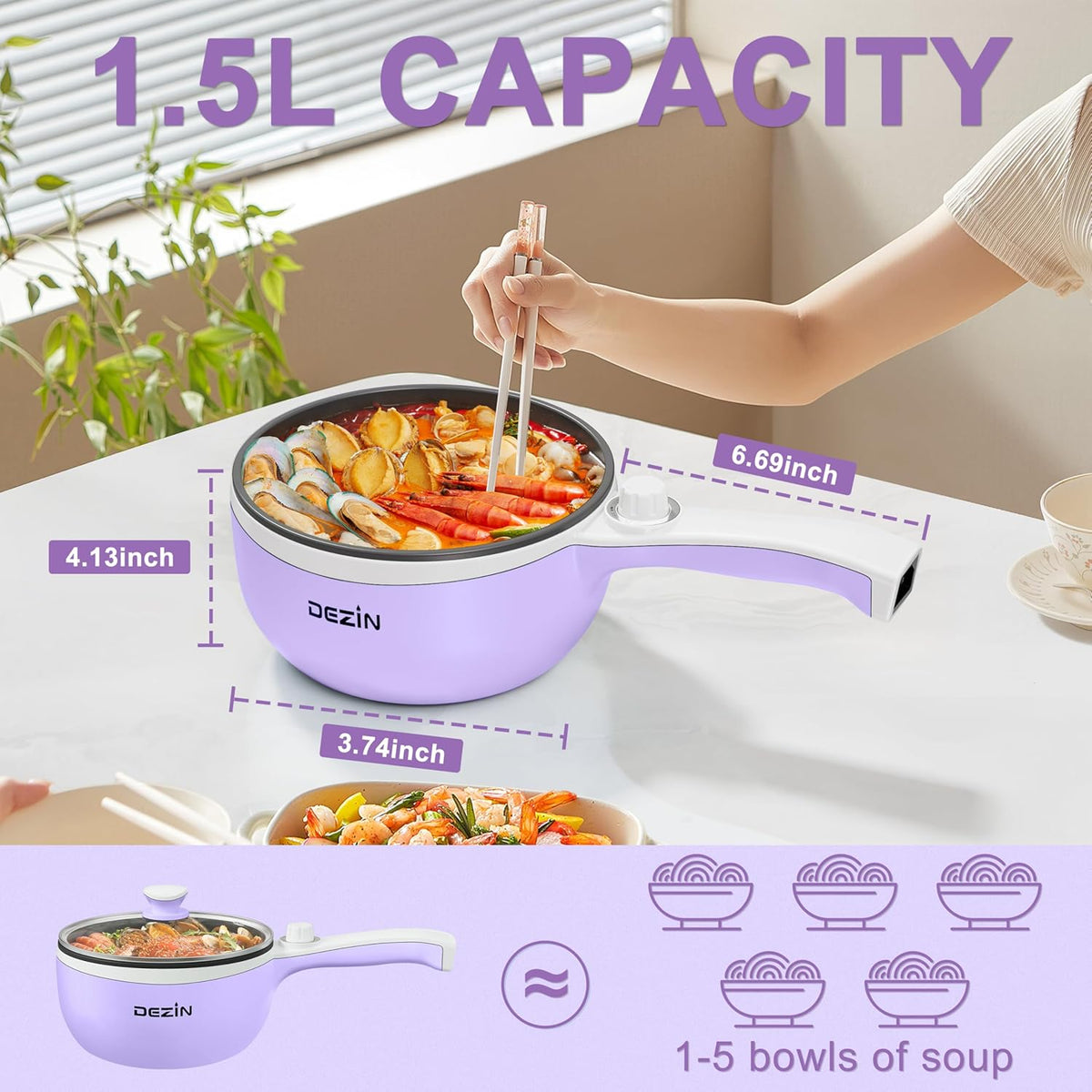 Dezin Hot Pot Electric Upgraded, Non-Stick Sauté Pan, Rapid Noodles Electric Pot, 1.5L Mini Portable Hot Pot for Steak, Egg, Fried Rice, Ramen, Oatmeal, Soup with Power Adjustment