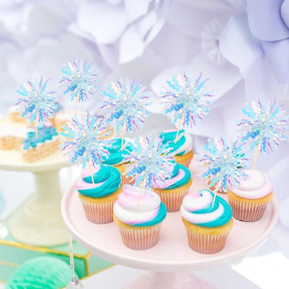 30 PCS Foil Firework Cupcake Toppers Sparkle Tinsel Cupcake Picks Happy Birthday Cake Toppers Drink Stirrers Cocktail Food Fruit Toothpicks for Baby Shower Wedding Party Decorations Supplies Blue