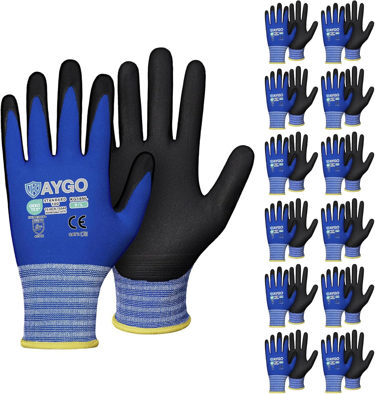 KAYGO Safety Work Gloves MicroFoam Nitrile Coated, 12 Pairs KG18NB,Seamless Knit Nylon Glove with full fingers Touchscreen, Ideal for Automotive,Warehouse,Construction (Large, Blue)