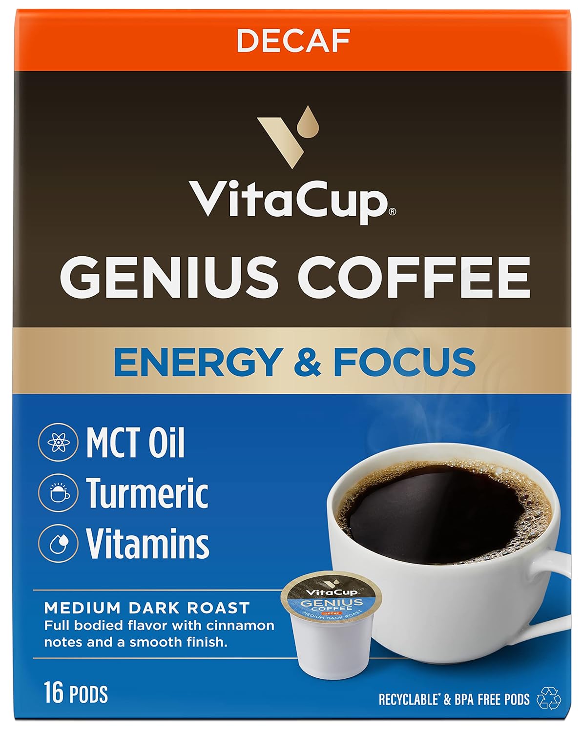 VitaCup Decaf Genius Keto Coffee Pods with MCT Oil, Turmeric and B Vitamins for Focus in Recyclable Single Serve Pod Compatible with K-Cup Brewers Including Keurig 2.0, 16 Ct