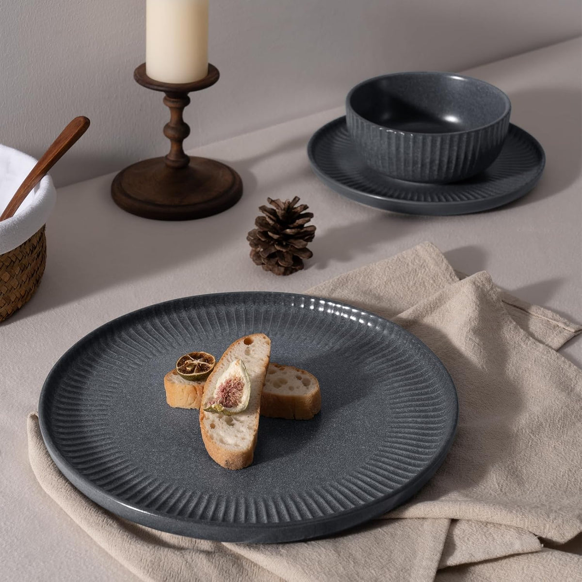 Famiware Starlight Dinnerware Sets, Plates and Bowls Dish Set of 8 (24 Pieces), Ribbed Textured Tableware - Dishwasher & Microwave Safe, Chip Resistant, Reactive Glaze, Matte Midnight Grey