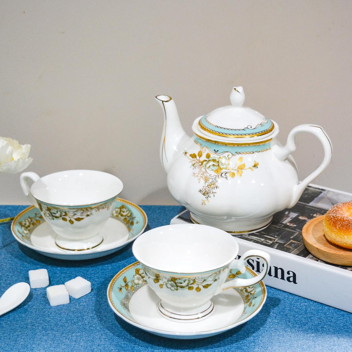 Bone China Tea Set, 21-Pieces Porcelain Tea Set for Adults, Tea Cups And Saucers for 6, with Teapot, Spoons, Sugar Bowl, Creamer Pitcher, Vintage Tea Set for Women Tea Party (Green)
