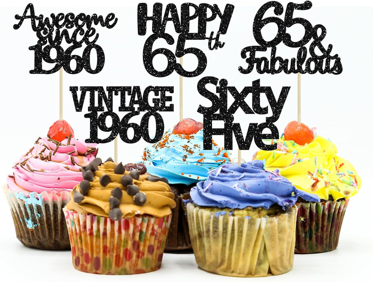 Gyufise 30 Pack Gold Glitter 65th Birthday Cupcake Toppers Vintage 1960 Cake Toppers Hello 65 Cake Topper Sixty Five 65 & Fabulous Cupcake Picks 65th Birthday Cake Decorations Supplies