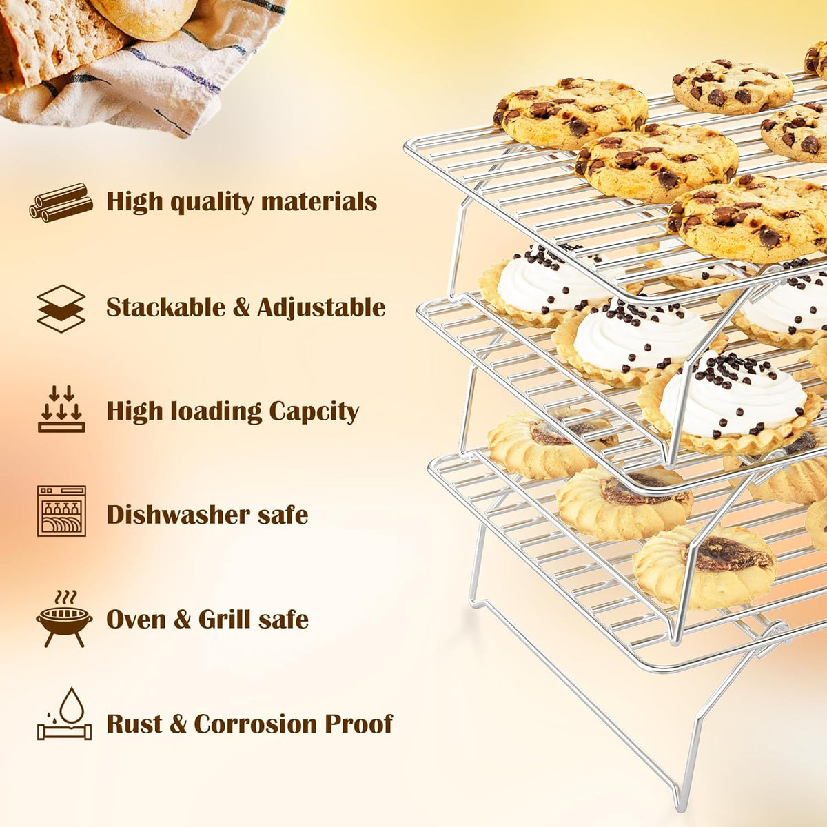 3 Tier Stackable Cooling Rack for Batch Cooling Cookie, Pizza, Cake-15.8”x 10”- Heavy Duty Cooling Racks for Cooking and Baking, Oven and Dishwasher Safe Baking Supplies-Silver