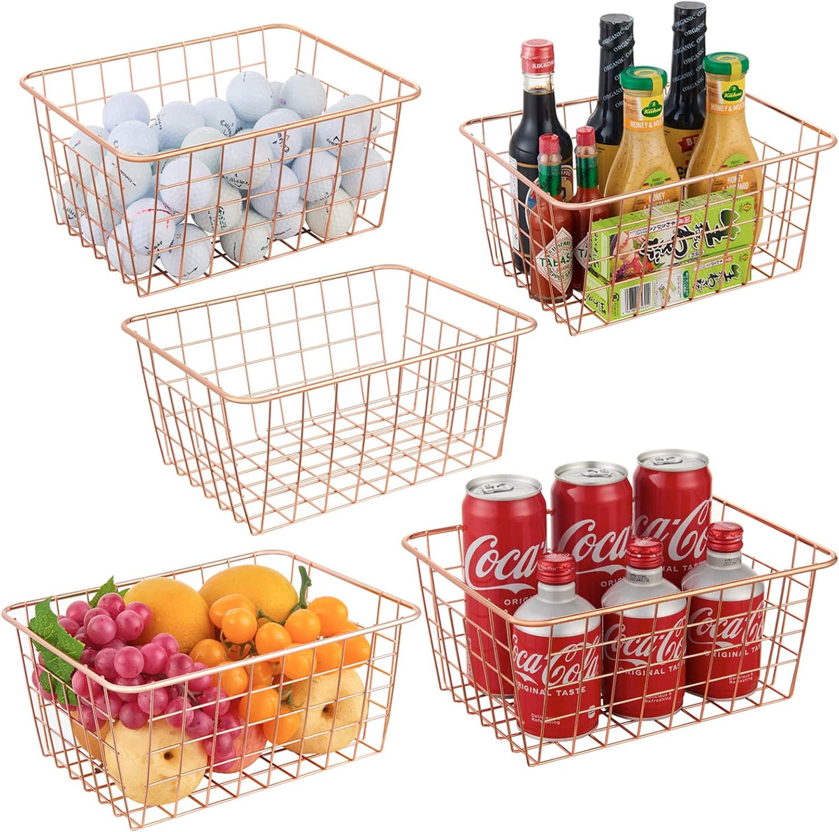Wire Kitchen Storage Basket 5 Packs,Perfect Pantry Organization Accessories Baskets,Laundry Basket,Countertop Organization,Suitable for Kitchen,Bathroom,Bedroom,Tabletop,Rose gold