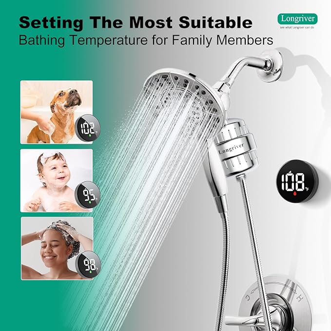 Tem8 Bathroom Shower Filter Fixture with Wireless Temperature Display | Hard Water Purifier 99.99% Remove Chlorine & Heavy Metals | Improve Skin & Hair Health | Chrome Hardware Accessories