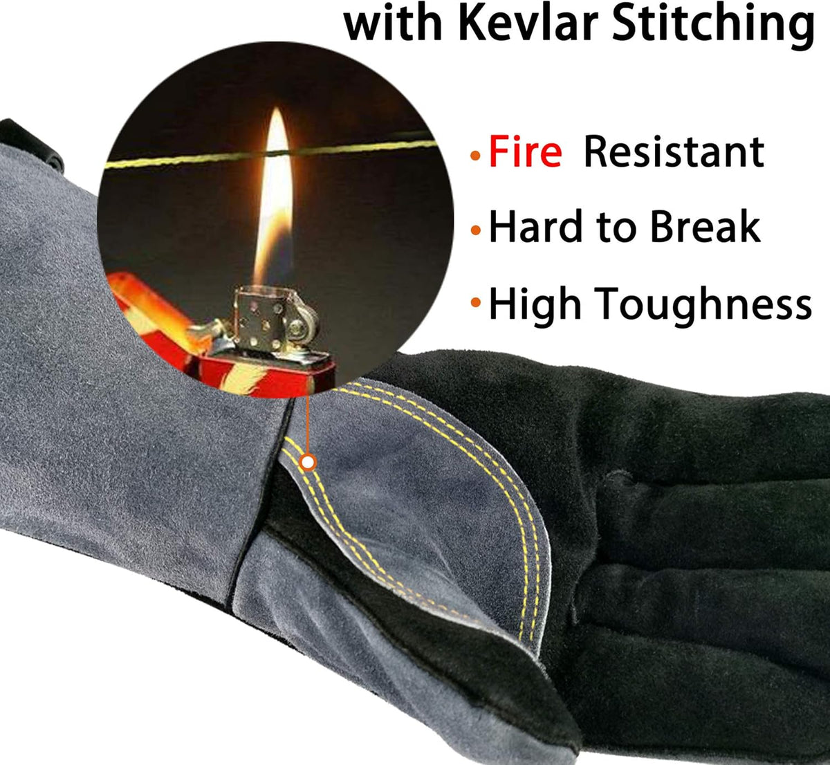 16 Inches,932℉,Leather Welding Gloves, Heat/Fire Resistant,Large Mitts for BBQ,Oven,Grill,Fireplace,Tig,Mig,Forge,Baking,Furnace,Stove,Pot Holder,Animal Handling Glove.L Black-gray