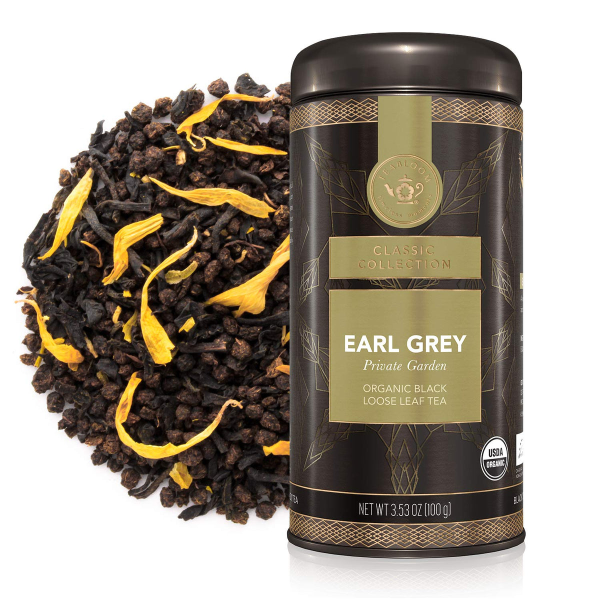 Teabloom Organic Black Tea, Earl Grey Private Garden Loose Leaf Tea, Classic Assam Whole Leaf Blend, USDA Certified Organic, Kosher Certified, 3.53 Ounce Loose Leaf Tea Canister Makes 35-50 Cups